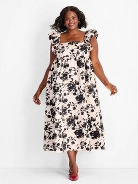 Square-Neck Maxi Dress in Cream with Black Floral Print